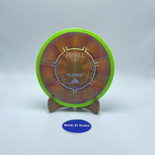Load image into Gallery viewer, Front view of bronze Axiom Discs Fireball Distance Driver disc golf disc with silver stamp and neon green rim. It is made of Plasma Plastic and its flight numbers are 9, 3.5, 0, 3.5.
